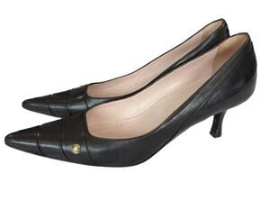 Chanel Vintage Brown Leather Pointed Toe Gold CC Stud Kitten Heel Pumps Size 37